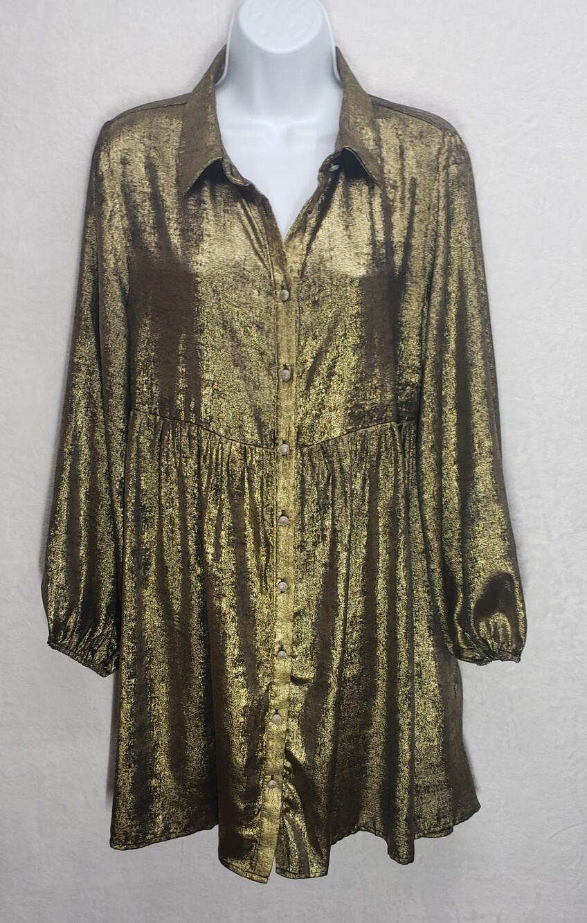 Boho 72 Metallic Gold Tunic Dress Small Boho Festival Cyber Liquid Sheen Mini